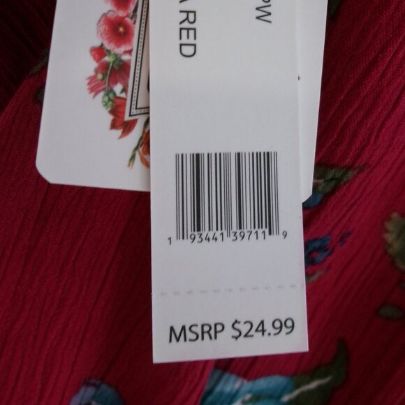 New Pioneer Woman Flowy Gauze Floral Print Boho Top Blouse S Fuchsia Red Blue - Picture 8 of 12